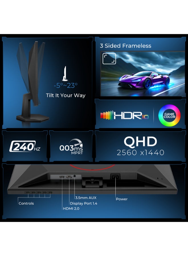 AOC 2K OLED Gaming Monitor, 27 Inch QHD 2560x1440, QD-OLED Panel Type, 240Hz Refresh Rate, 0.03ms Response Time, Flicker-Free | Q27G40ZDF Black & Red BLACK &RED - Image 4