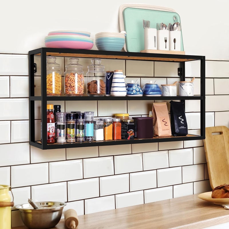 ABOUT SPACE Large Kitchen Rack for Kitchen Accessories 3 Tier Wall Shelf for Living Room Table top Rack for Storage and Organizer Metal Frame with Engineered Wood Teak Color L90x B20x H45 cm - Image 1