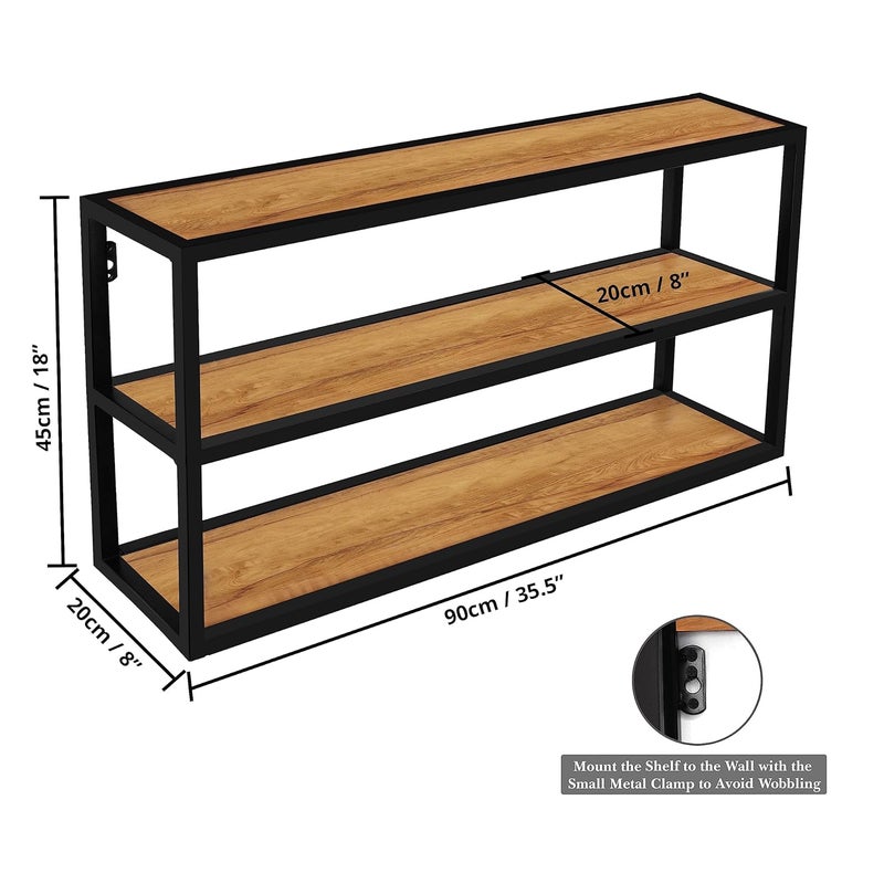 ABOUT SPACE Large Kitchen Rack for Kitchen Accessories 3 Tier Wall Shelf for Living Room Table top Rack for Storage and Organizer Metal Frame with Engineered Wood Teak Color L90x B20x H45 cm - Image 2