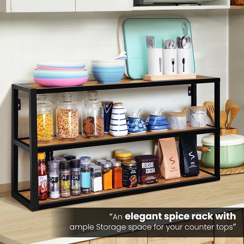 ABOUT SPACE Large Kitchen Rack for Kitchen Accessories 3 Tier Wall Shelf for Living Room Table top Rack for Storage and Organizer Metal Frame with Engineered Wood Teak Color L90x B20x H45 cm - Image 5