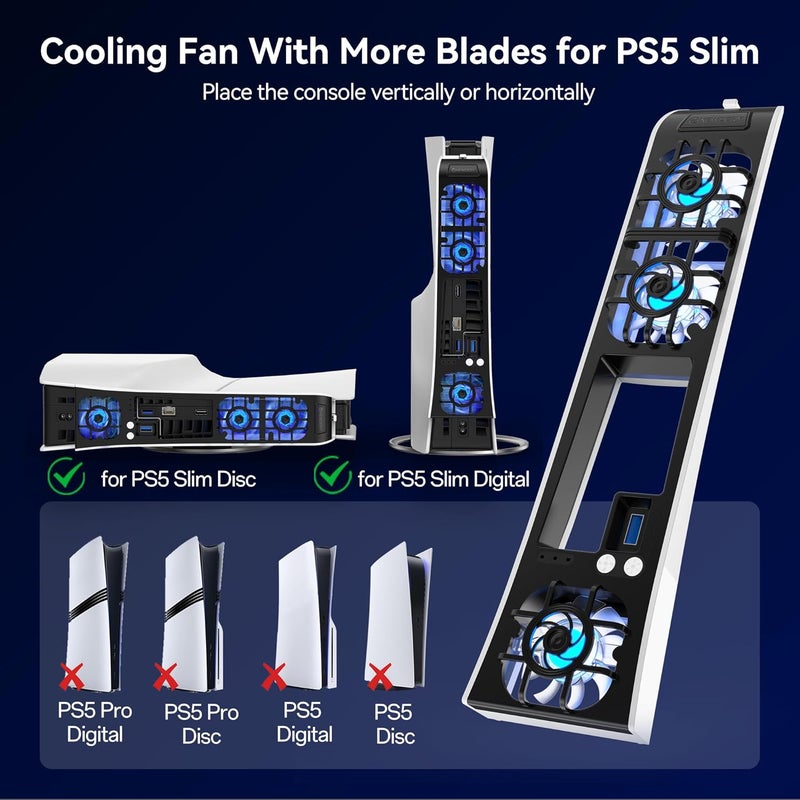 نيودري مروحة تبريد لوحدة تحكم PS5 Slim، مروحة تبريد هادئة مطورة، سرعة قابلة للتعديل تلقائياً حسب درجة الحرارة، إضاءة RGB ديناميكية، منفذ USB 3.0، مناسبة لإصدارات Playstation 5 Slim القرصية والرقمية - Image 2