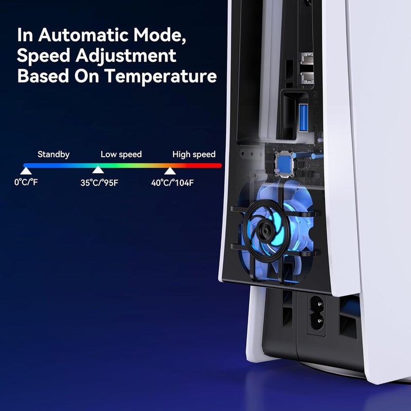 نيودري مروحة تبريد لوحدة تحكم PS5 Slim، مروحة تبريد هادئة مطورة، سرعة قابلة للتعديل تلقائياً حسب درجة الحرارة، إضاءة RGB ديناميكية، منفذ USB 3.0، مناسبة لإصدارات Playstation 5 Slim القرصية والرقمية - Image 5