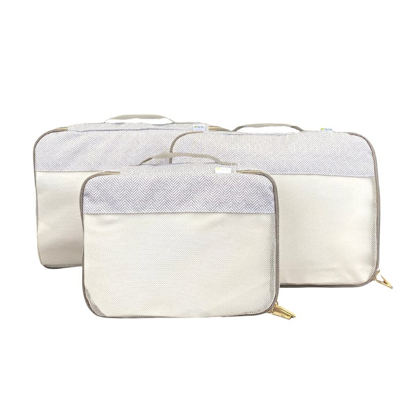 Itzy Ritzy Itzy Ritzy Packing Cubes for Travel Set of 3 Large Packing Cubes or Travel Organizers Each Cube Features a Mesh Top Double Zippers and a Fabric Handle Large Sizes Taupe