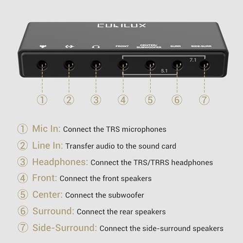 Cubilux 7.1 USB Surround Sound Card- 48KHz-384KHz Sample Rate for Headphones, Full Aluminum Alloy USB A External Sound Card for Laptop PC-Supports Line-in & Stereo Mic in - Image 5