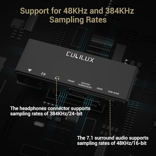 Cubilux 7.1 USB Surround Sound Card- 48KHz-384KHz Sample Rate for Headphones, Full Aluminum Alloy USB A External Sound Card for Laptop PC-Supports Line-in & Stereo Mic in - Image 4
