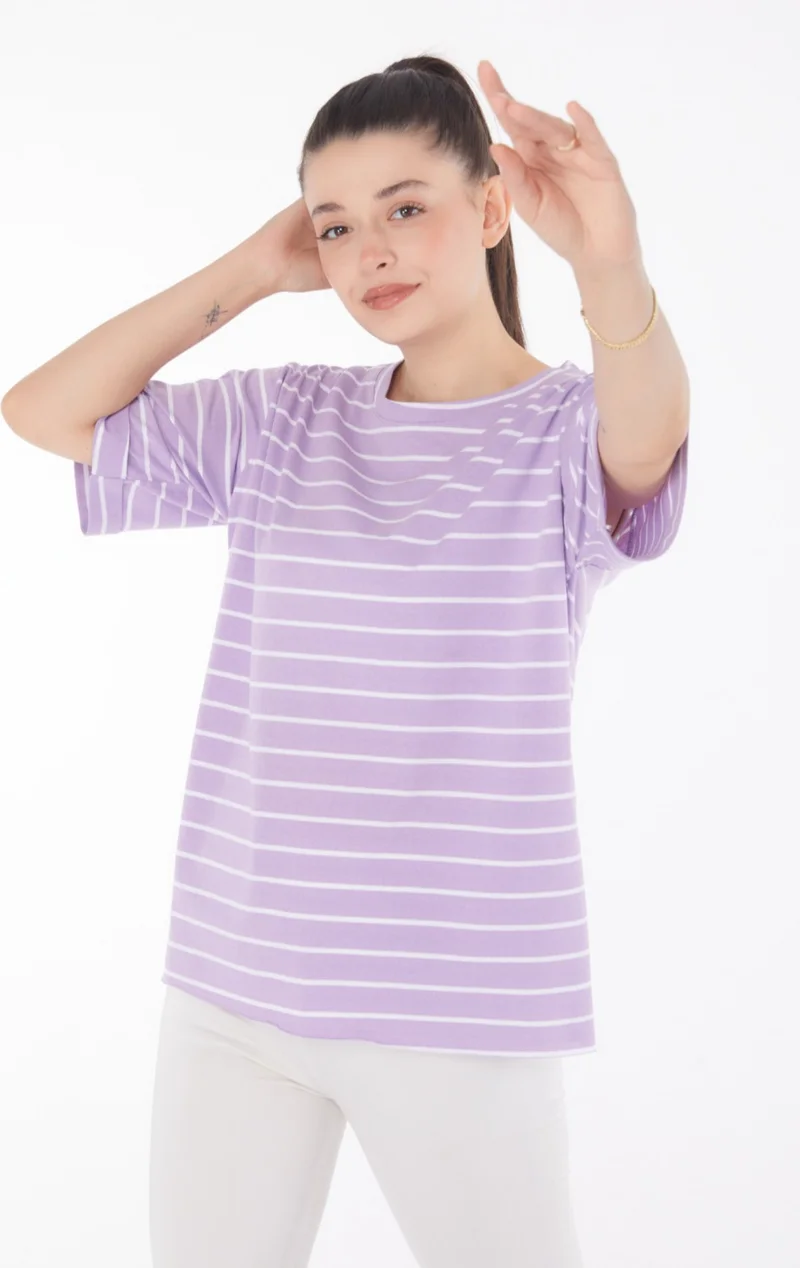 Tofisa Plain Crew Neck Women's Lilac Striped Short Sleeve T-Shirt - 25840