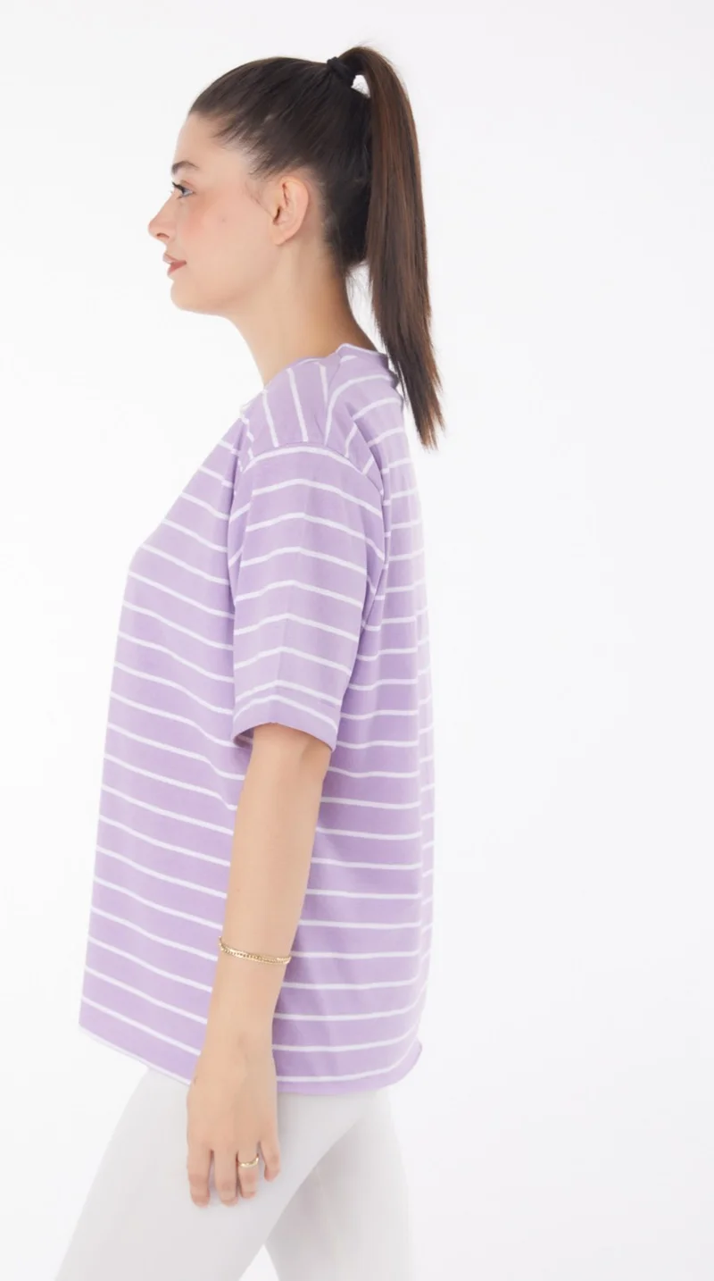 Tofisa Plain Crew Neck Women's Lilac Striped Short Sleeve T-Shirt - 25840