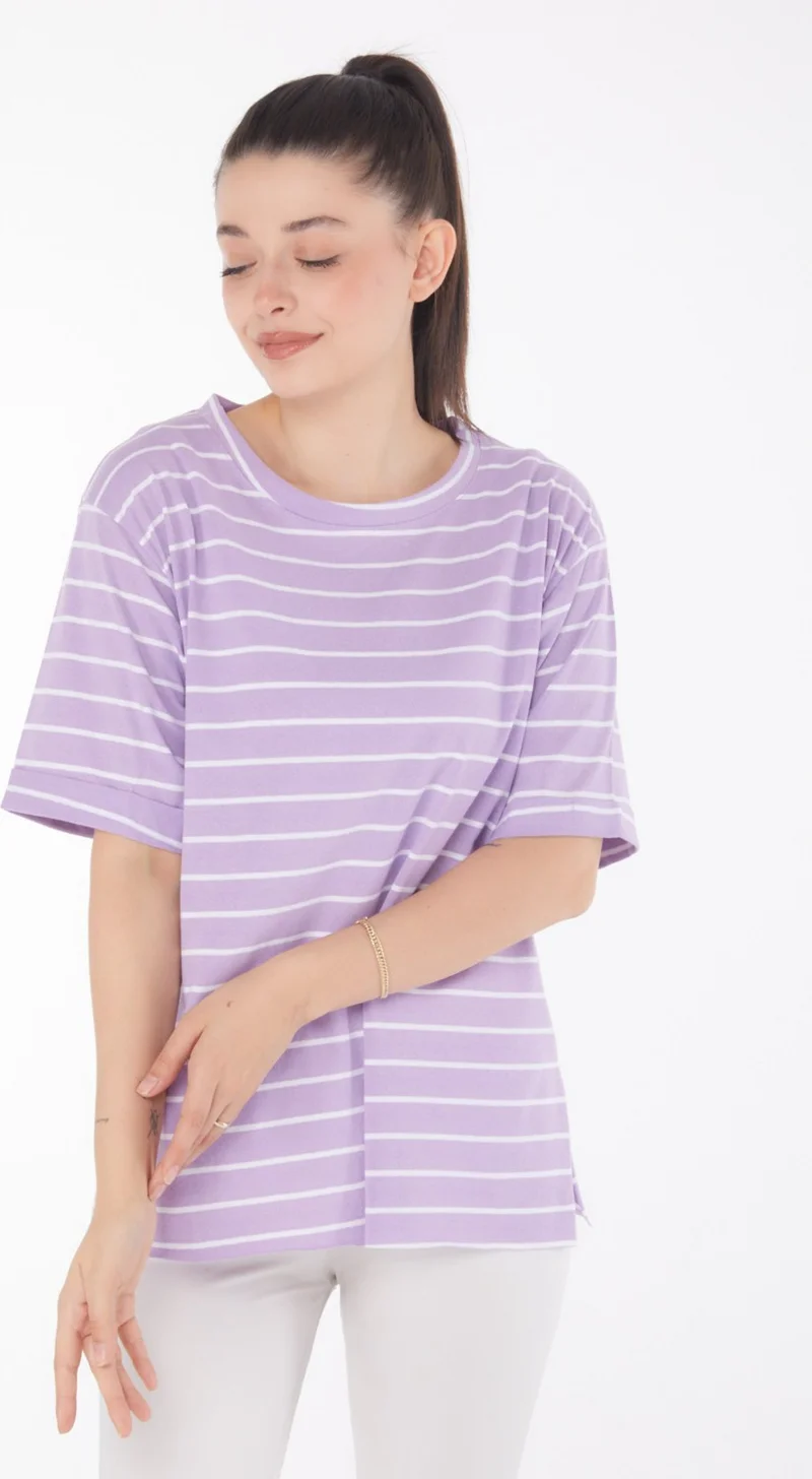 Tofisa Plain Crew Neck Women's Lilac Striped Short Sleeve T-Shirt - 25840