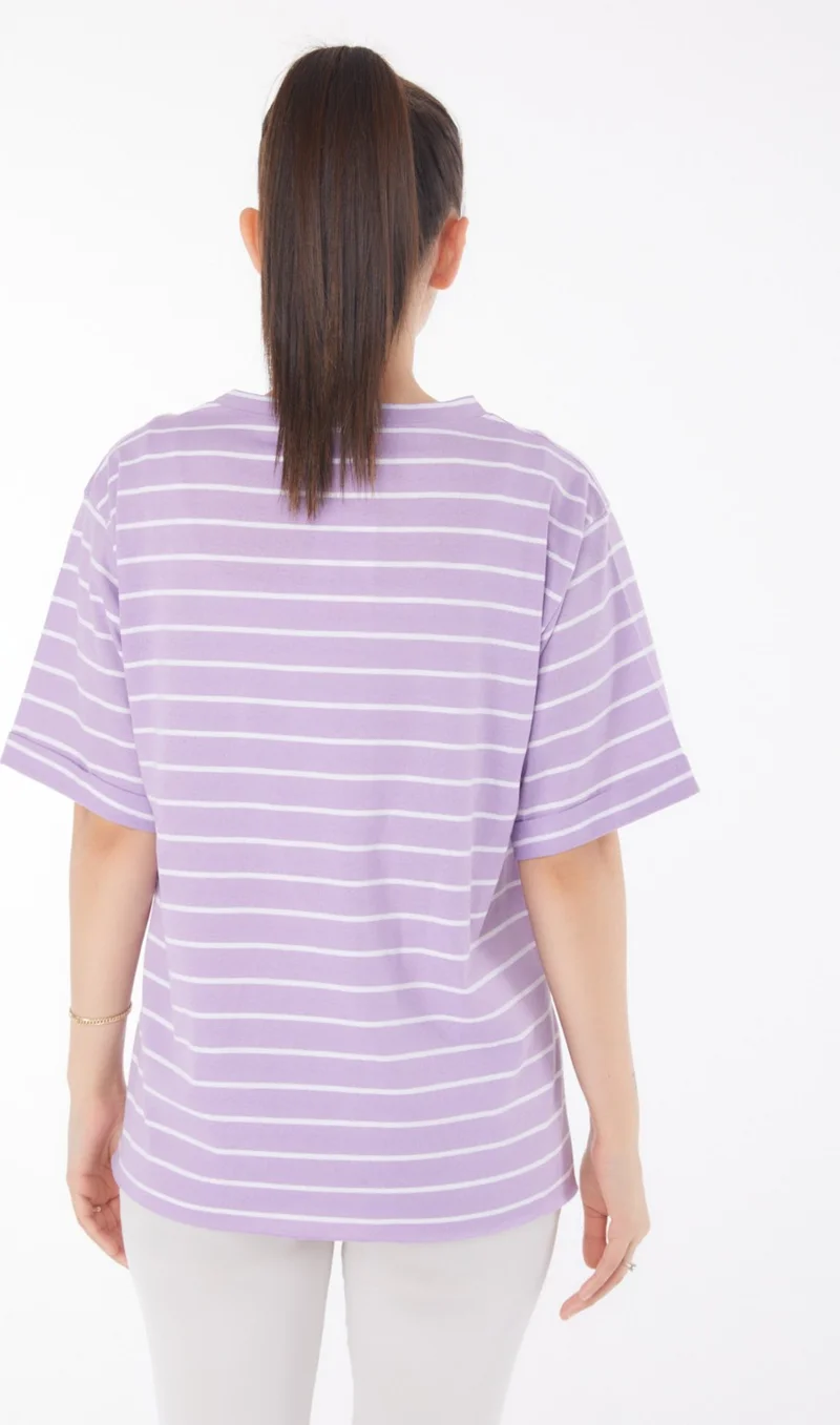 Tofisa Plain Crew Neck Women's Lilac Striped Short Sleeve T-Shirt - 25840