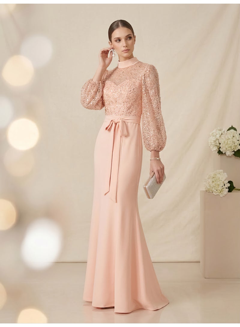 Pink Peach Mermaid Evening Gown with Sequined Bodice and Bow Belt - Image 2