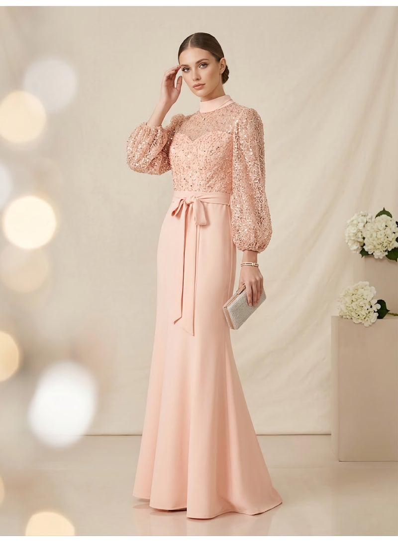 Pink Peach Mermaid Evening Gown with Sequined Bodice and Bow Belt - Image 1