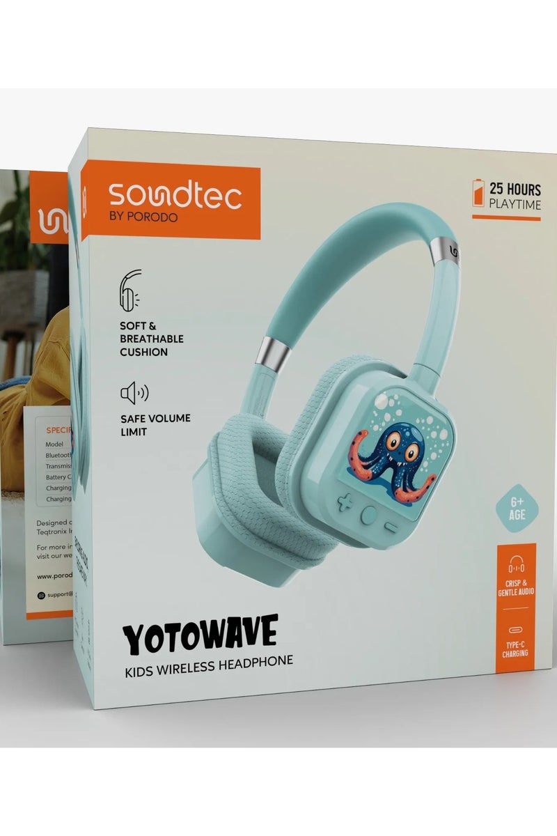 Porodo Soundtec Yotowave Kids Wireless Headphone with Soft & Breathable Cushion and Safe Volume Limit / 25H Playtime / V5.4 Bluetooth / Crisp & Gentle Audio / Skin Friendly Material /On Ear Headphone for Boys-Bright - Image 3