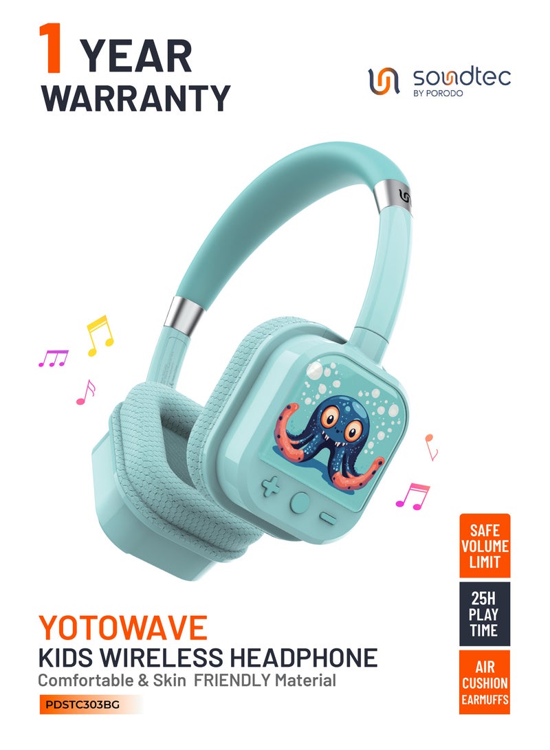 Porodo Soundtec Yotowave Kids Wireless Headphone with Soft & Breathable Cushion and Safe Volume Limit / 25H Playtime / V5.4 Bluetooth / Crisp & Gentle Audio / Skin Friendly Material /On Ear Headphone for Boys-Bright - Image 1