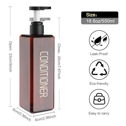 Hethyo Shampoo and Conditioner Dispenser Shower Soap Bottles 3 Pack 550ml/18.6oz Refillable Shampoo Pump Bottle Dispenser Plastic Empty Body Wash Dispensers with Stylish Permanent Labels for Bathroom (Brown) - Image 2