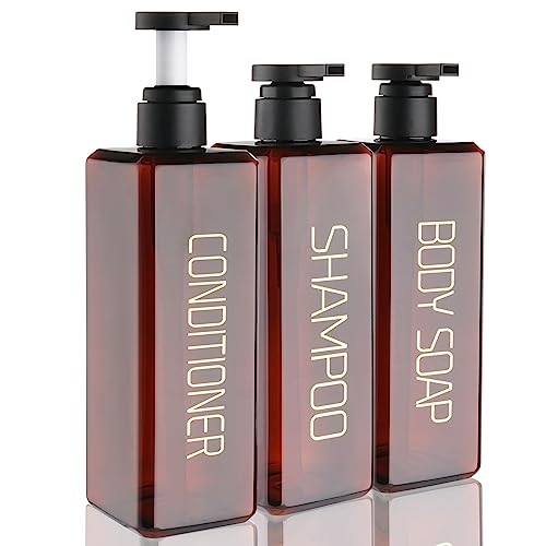 Hethyo Shampoo and Conditioner Dispenser Shower Soap Bottles 3 Pack 550ml/18.6oz Refillable Shampoo Pump Bottle Dispenser Plastic Empty Body Wash Dispensers with Stylish Permanent Labels for Bathroom (Brown) - Image 1