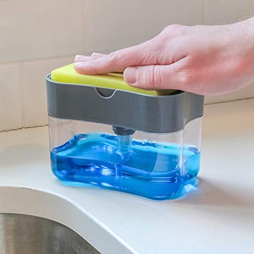 Tagve 2-in-1 Manual Press Liquid Soap Dispenser with Washing Sponge Caddy Multifunctional Non-Toxic Odorless Cleaning Accessories 13 Ounces of Soap 385ml (Grey) - Image 1