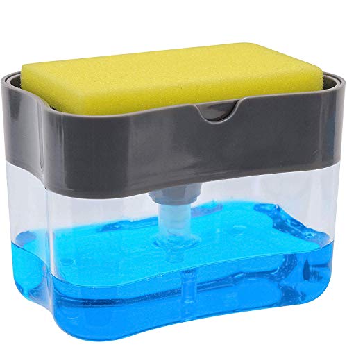 Tagve 2-in-1 Manual Press Liquid Soap Dispenser with Washing Sponge Caddy Multifunctional Non-Toxic Odorless Cleaning Accessories 13 Ounces of Soap 385ml (Grey) - Image 2
