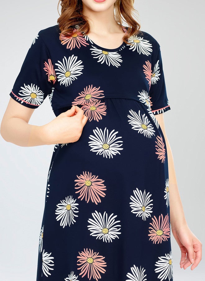 Zeyo Floral Printed Pure Cotton Maternity T-shirt Nightdress - Image 2