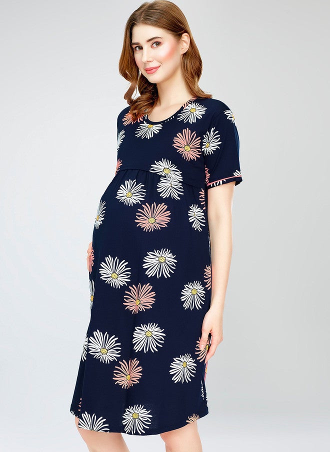 Zeyo Floral Printed Pure Cotton Maternity T-shirt Nightdress - Image 3