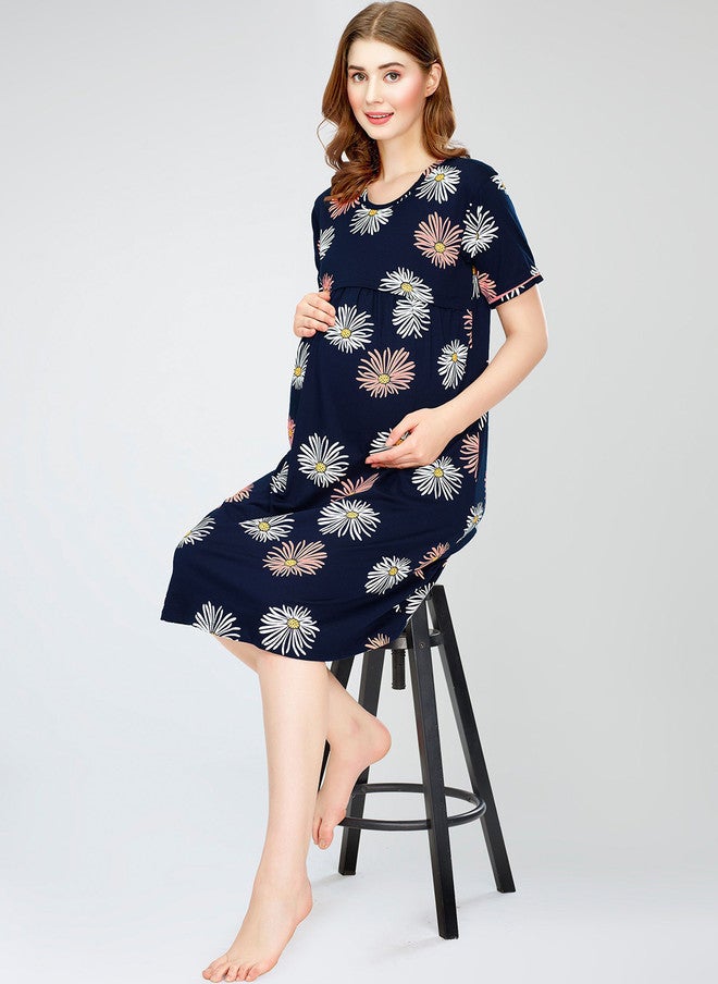 Zeyo Floral Printed Pure Cotton Maternity T-shirt Nightdress - Image 1