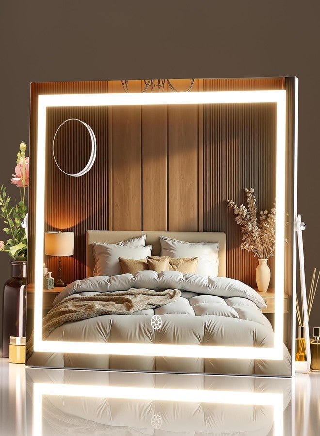 MINISO Vanity Mirror with Lights, 13.8" x 11" LED Makeup Mirror, Light & Brightness Adjustment, Smart Sensor, 360°Rotation, Aluminum Alloy Metal White Frame, with 5X Magnifying Glass - Image 1