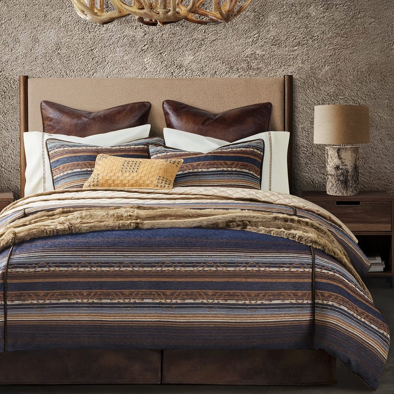 Paseo Road Paseo Road Estes Western Bedding 3 Piece Super Queen Duvet Cover Set Blue Striped Rustic Cabin Bed Set Faux Leather Details Chenille Jacquard Comforter Cover with 2 Pillow Shams 