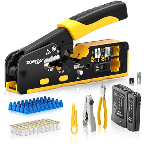Zoerax Cat7 RJ45 Crimping Tool, Cat 7 Cat6 Cat5 Pass Through Ethernet Crimping Tool Kit, Network Crimping Tool With Cable Tester, Multiply Stripper, Blades,50Pcs Cat 6 Connectors and Strain Relief Boots - Image 1