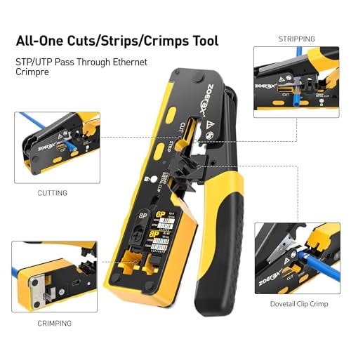 Zoerax Cat7 RJ45 Crimping Tool, Cat 7 Cat6 Cat5 Pass Through Ethernet Crimping Tool Kit, Network Crimping Tool With Cable Tester, Multiply Stripper, Blades,50Pcs Cat 6 Connectors and Strain Relief Boots - Image 2