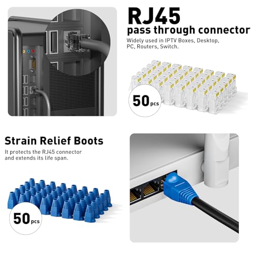 Zoerax Cat7 RJ45 Crimping Tool, Cat 7 Cat6 Cat5 Pass Through Ethernet Crimping Tool Kit, Network Crimping Tool With Cable Tester, Multiply Stripper, Blades,50Pcs Cat 6 Connectors and Strain Relief Boots - Image 4