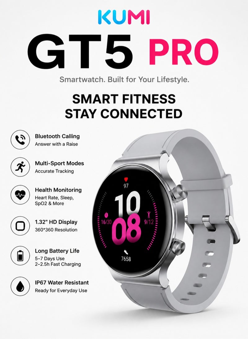 KUMI GT5 Pro Smartwatch 1.32'' HD Screen with Bluetooth Call Multiple Sport Modes Heart Health SpO2 Measurement - Sliver - Image 1