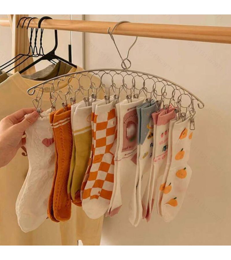 1 Set Stainless Steel Windproof Multi Clip Clothes Hangers With 16 Clips For Drying Underwear Socks Tops And Delicates Easy Design Indoor Outdoor Drying Rack - Image 1