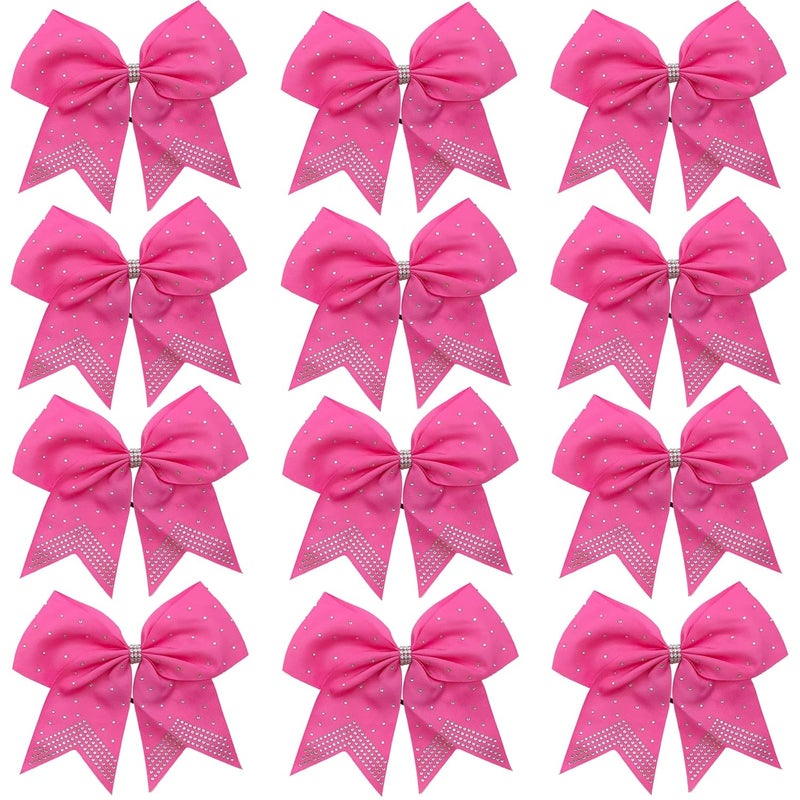 Hipcheer 12PCS 8 Rhinestones Large Cheer Hair Bows for Girls Handmade Grosgrain Ribbon Hair Accessories for Teen Girls Softball Cheerleader Sport Hot Pink