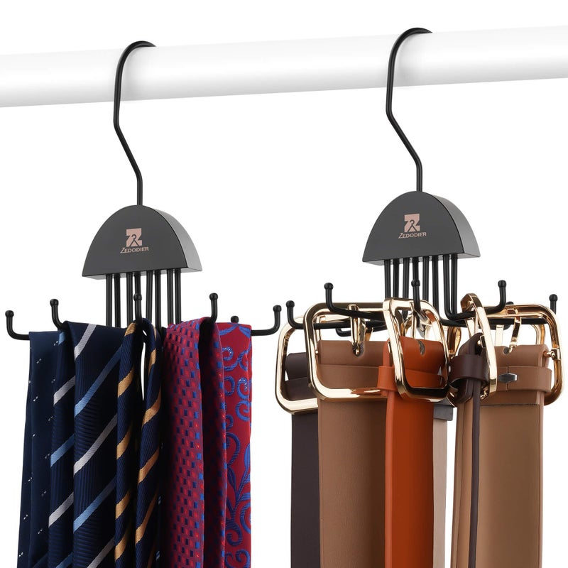 ZEDODIER 2 Pack Tie Hanger & Belt Organizer, Rotatable Tie Rack Space Saving Tie Holder with 16 Adjustable Hooks for Closet Organizers and Storage, Sturdy Belt & Tie Collection Storage, Black - Image 1