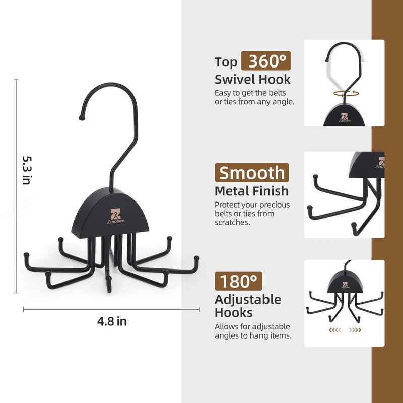 ZEDODIER 2 Pack Tie Hanger & Belt Organizer, Rotatable Tie Rack Space Saving Tie Holder with 16 Adjustable Hooks for Closet Organizers and Storage, Sturdy Belt & Tie Collection Storage, Black - Image 5