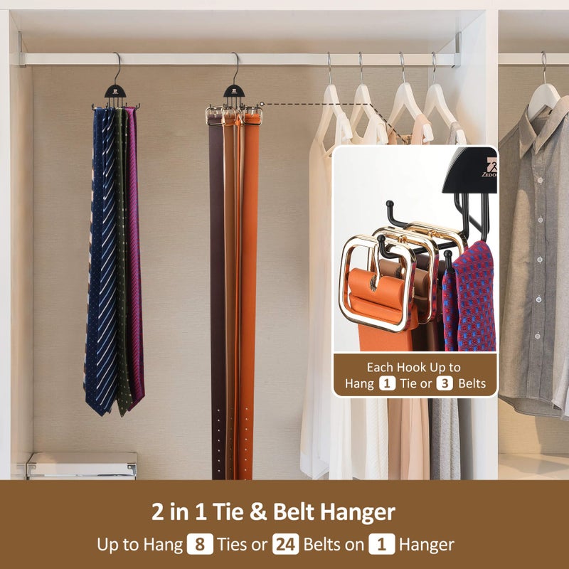 ZEDODIER 2 Pack Tie Hanger & Belt Organizer, Rotatable Tie Rack Space Saving Tie Holder with 16 Adjustable Hooks for Closet Organizers and Storage, Sturdy Belt & Tie Collection Storage, Black - Image 3