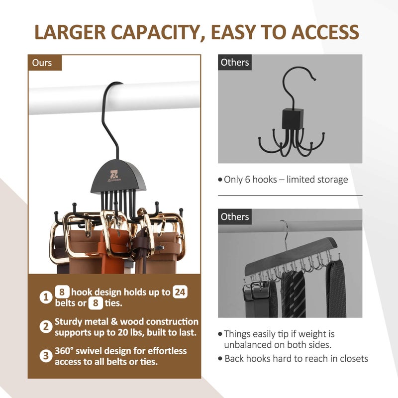 ZEDODIER 2 Pack Tie Hanger & Belt Organizer, Rotatable Tie Rack Space Saving Tie Holder with 16 Adjustable Hooks for Closet Organizers and Storage, Sturdy Belt & Tie Collection Storage, Black - Image 4