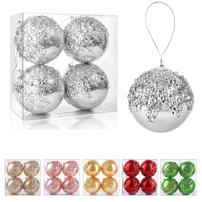 4 CHRISTMAS BALL ORNAMENTS 4PC SET SILVER SHATTERPROOF CHRISTMAS DECORATIONS TREE BALLS FOR XMAS TREES WEDDING PARTY HOLIDAY DECORATIONS