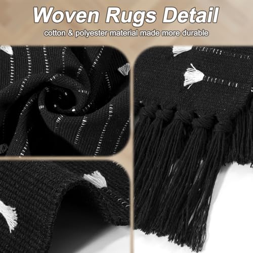 LIVEBOX Boho Kitchen Rug 2' x 4.3' Washable Bathroom Runner with Tassel, Moroccan Black Area Rugs Small Woven Cotton Throw Rug for Entryway Laundry Room Hallway - Image 4