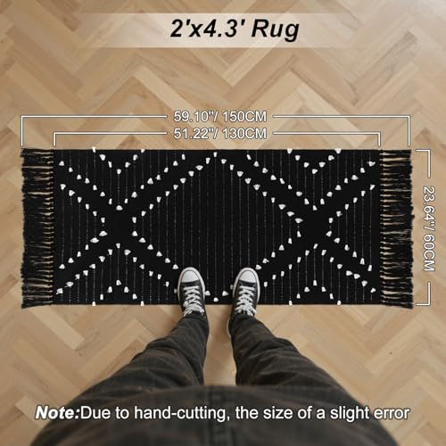LIVEBOX Boho Kitchen Rug 2' x 4.3' Washable Bathroom Runner with Tassel, Moroccan Black Area Rugs Small Woven Cotton Throw Rug for Entryway Laundry Room Hallway - Image 2