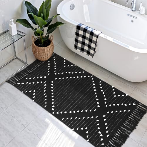 LIVEBOX Boho Kitchen Rug 2' x 4.3' Washable Bathroom Runner with Tassel, Moroccan Black Area Rugs Small Woven Cotton Throw Rug for Entryway Laundry Room Hallway - Image 5