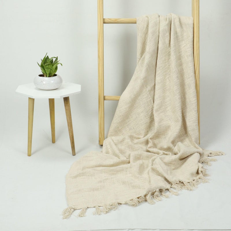 DMAASA Pure Cotton Solid Off White Tasseled Throw Lightweight 90X108 Inch, Throw for Sofa, Bed, Couch and More | Breathable and Reversible - Image 3