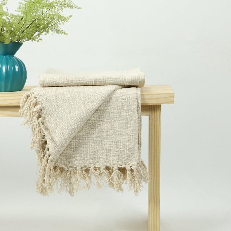 DMAASA Pure Cotton Solid Off White Tasseled Throw Lightweight 90X108 Inch, Throw for Sofa, Bed, Couch and More | Breathable and Reversible - Image 2