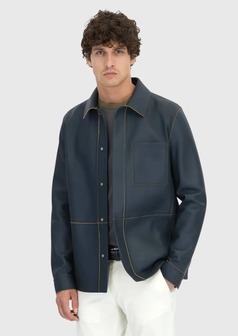 رامسي قميص رمادي بقصة عادية وياقة، معطف جلد غنم كاجوال