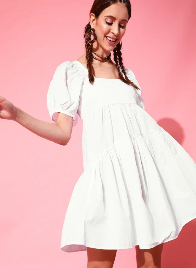 STREET 9 Puff Sleeves White Cotton Empire Dress for Women