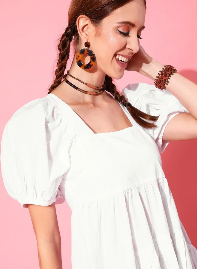 STREET 9 Puff Sleeves White Cotton Empire Dress for Women