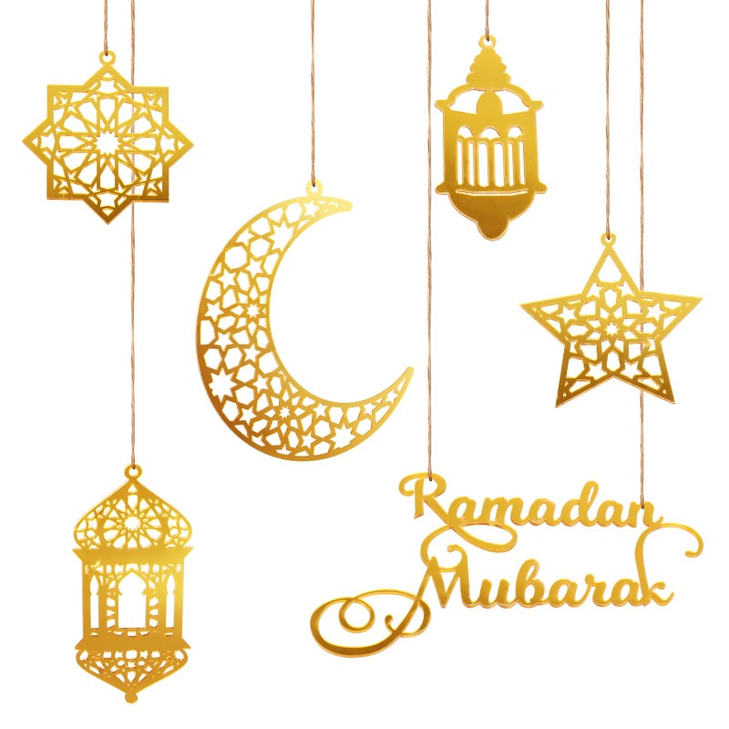 PEUTIER 6pcs Ramadan Ornaments, Acrylic Ramadan Kareem Decoration Eid Mubarak Pendant Wind Light Moon Star Shaped Ramadan Decor for Hanging on Walls Windows Trees (Golden) - Image 1