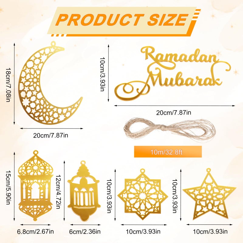 PEUTIER 6pcs Ramadan Ornaments, Acrylic Ramadan Kareem Decoration Eid Mubarak Pendant Wind Light Moon Star Shaped Ramadan Decor for Hanging on Walls Windows Trees (Golden) - Image 2