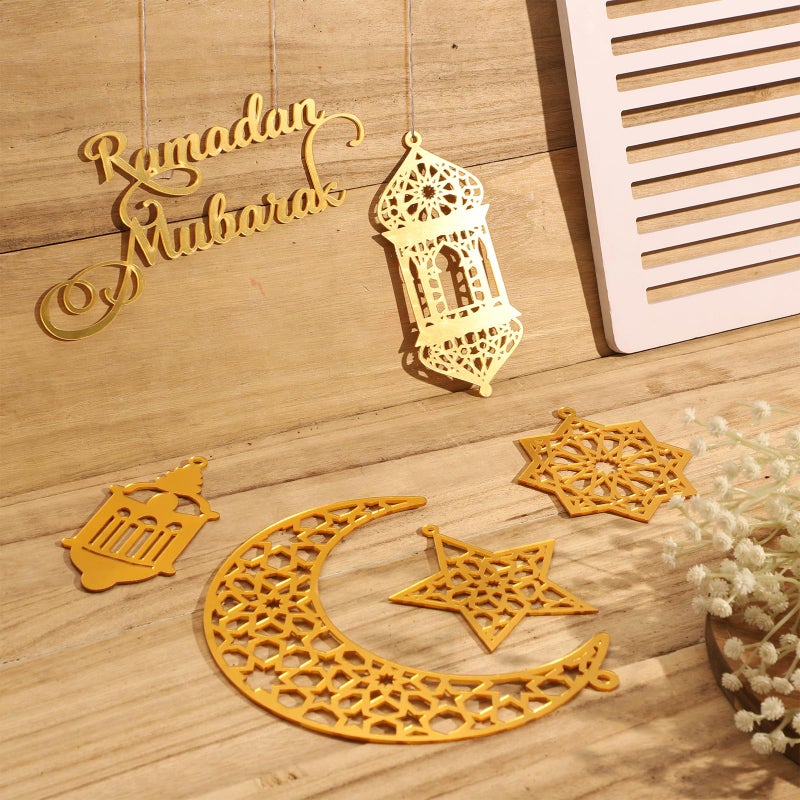 PEUTIER 6pcs Ramadan Ornaments, Acrylic Ramadan Kareem Decoration Eid Mubarak Pendant Wind Light Moon Star Shaped Ramadan Decor for Hanging on Walls Windows Trees (Golden) - Image 3