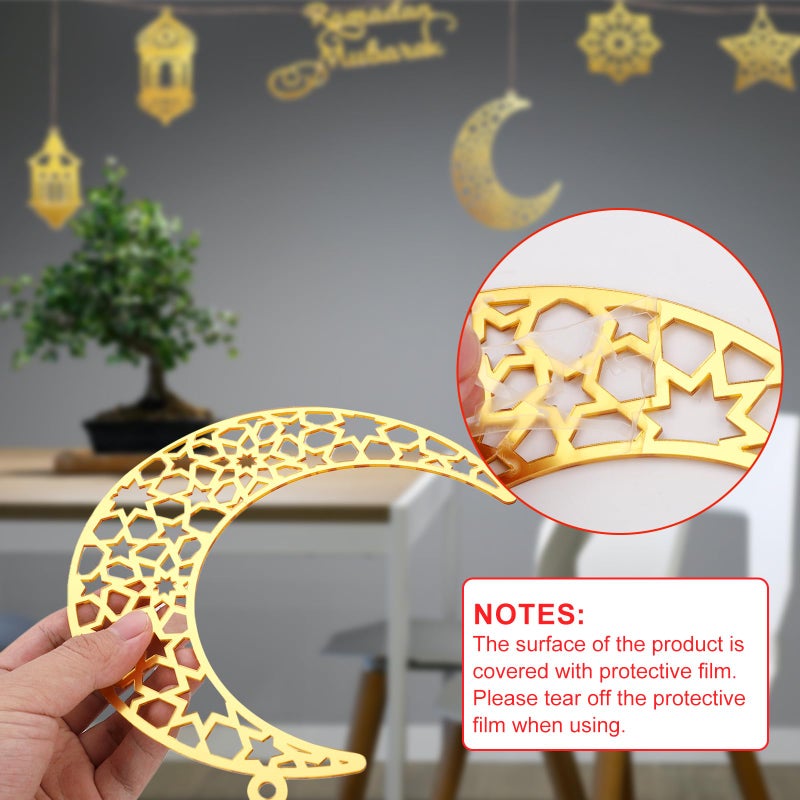 PEUTIER 6pcs Ramadan Ornaments, Acrylic Ramadan Kareem Decoration Eid Mubarak Pendant Wind Light Moon Star Shaped Ramadan Decor for Hanging on Walls Windows Trees (Golden) - Image 5