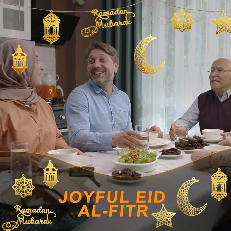 PEUTIER 6pcs Ramadan Ornaments, Acrylic Ramadan Kareem Decoration Eid Mubarak Pendant Wind Light Moon Star Shaped Ramadan Decor for Hanging on Walls Windows Trees (Golden) - Image 4